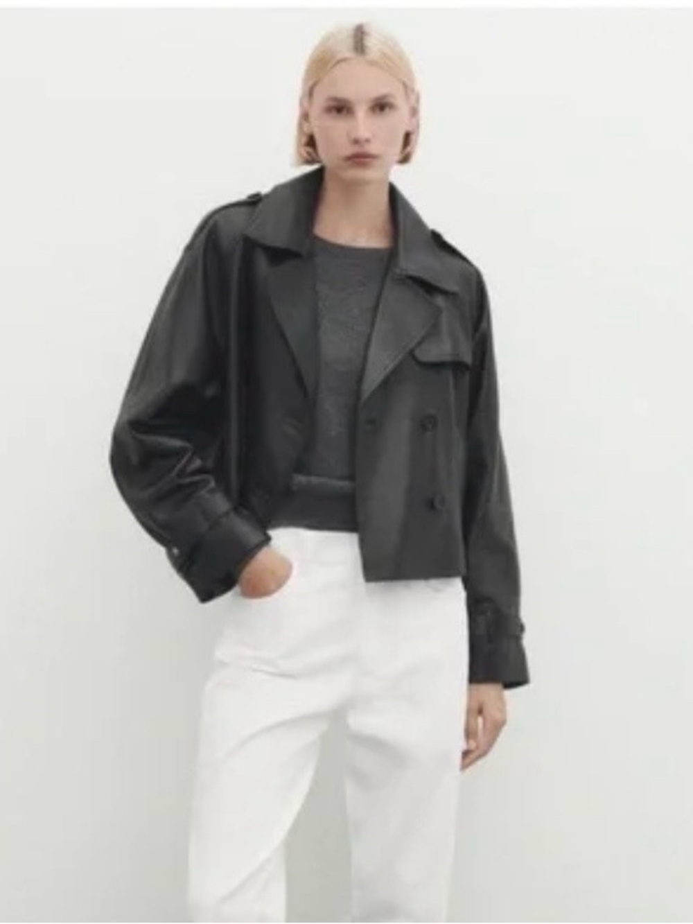 MASSIMO DUTTI Cropped Nappa Leather Trench Coat in Black - Picture 2 of 8
